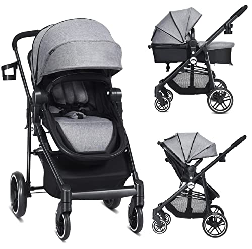 INFANS 2 in 1 Baby Stroller, High Landscape Infant Stroller & Reversible Bassinet Pram, Foldable Pushchair with Adjustable Canopy, Cup Holder, Storage Basket, Suspension Wheels (Volcanic Ash)