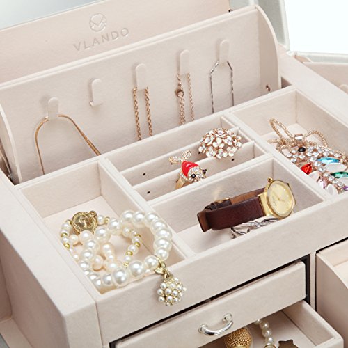 Vlando Mirrored Jewelry Box Organizer, Leather Jewelry Storage Case, Necklaces Earrings Rings Brackets Box Holder, Pearl White #TOP6