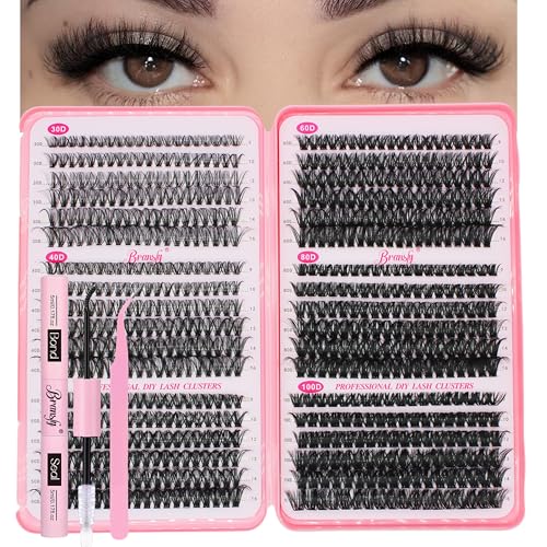 Bransfy Lash Clusters Kit 30D+40D+50D+60D+80D+100D DIY Lash Extension Kit Russian D Curl Strip Eyelash Fluffy Volume Extensions 9-16mm Individual Cluster Lashes Bond and Seal Tweezers(30D-100D Kit)