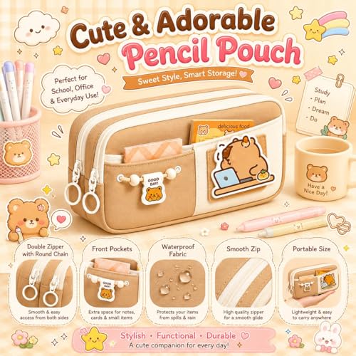 Image of Kawaii Cute Aesthetic Pencil Case 3 Layer 6 Compartment Large Capacity for Students | Pencil Pouch with Zipper | Cartoon Stationery Organizer Bag for Kids, Pencil Case for Girls & Boys (Brown)