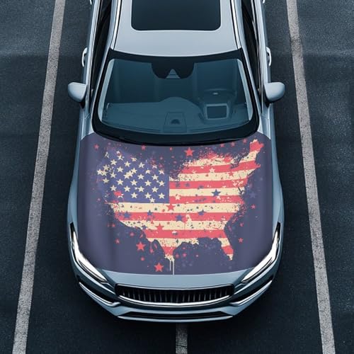 Image of Car Hood Cover Protector 59x39 Inch Stretchable Car Hood Wraps American Flag Map Design Waterproof Automotive Accessories for Most Sedans SUV Trucks Minivan