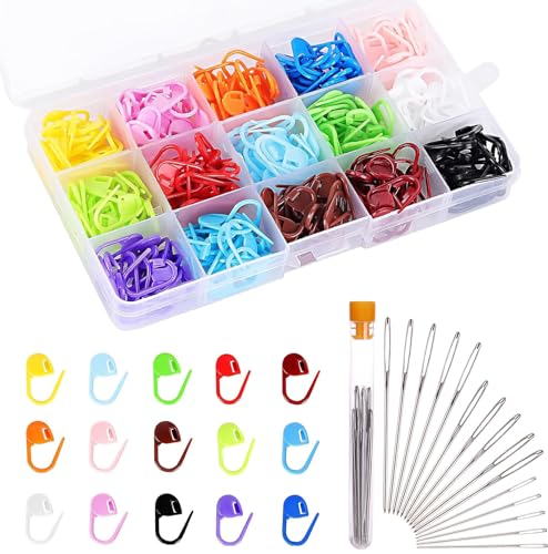 XUELUN 300 Pieces Knitting Markers Colorful Stitch Markers, Knitting Crochet Locking with Blunt Sewing Needles for Crochet and Knitting with Storage Case