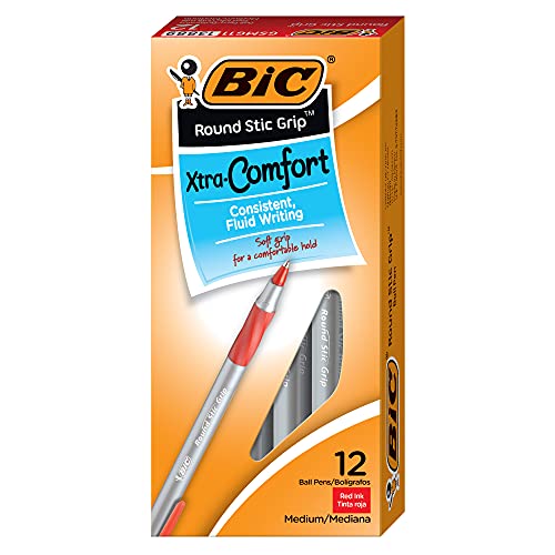 Image of BIC Round Stic Grip Xtra Comfort Red Ballpoint Pens, Medium Point (1.2mm), Excellent Writing Pens With Soft Grip for Superb Comfort and Control 12 Count (Pack of 2)