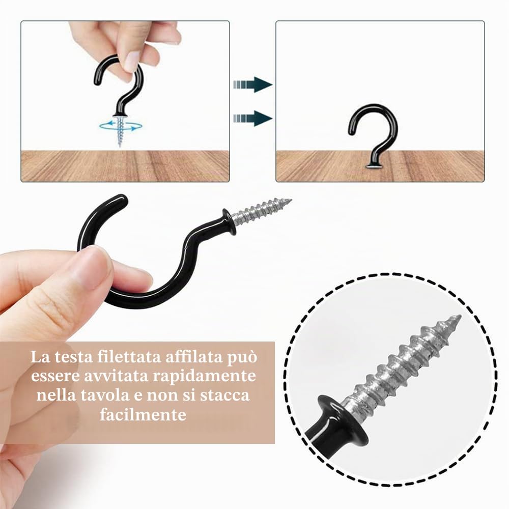16 Pezzi Ganci a Tazza - Nero Ganci per Soffitto in Metallo Gancio a Vite Rivestito in Plastica Ganci Avvitabili Ganci per Appendere Tazza Piante Luci - 2.9 Inch