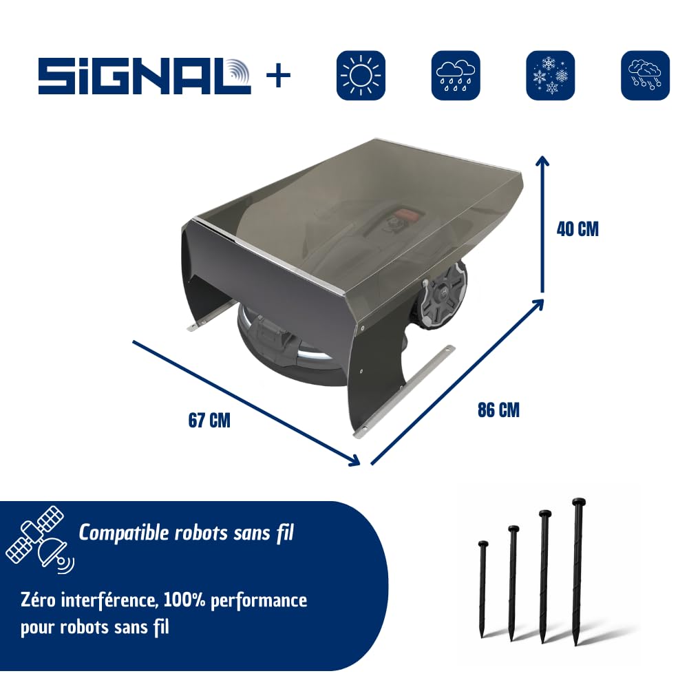 Abri Robot Tondeuse Signal+ – Garage Universel Multimarque pour Robot sans Fil RTK GPS – Toit Polycarbonate Anti-UV – Pieds INOX – 86 × 67 × 40 cm – Fabriqué en Europe