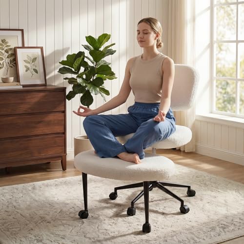 Image of VITESSE Cross-Legged Ergonomic Chair 360 Swivel with Wheels, Adjustable Meditation Seat for ADHD, Lumbar Support, Teddy Fabric Home Office Chair,White