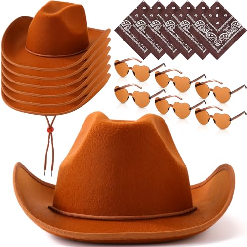 Image of Coume 6 Sets Cowboy Hat with Heart Sunglasses and Paisley Bandanas Western Cowgirl Hat for Cosplay Costume Adults(Pink,Brown)