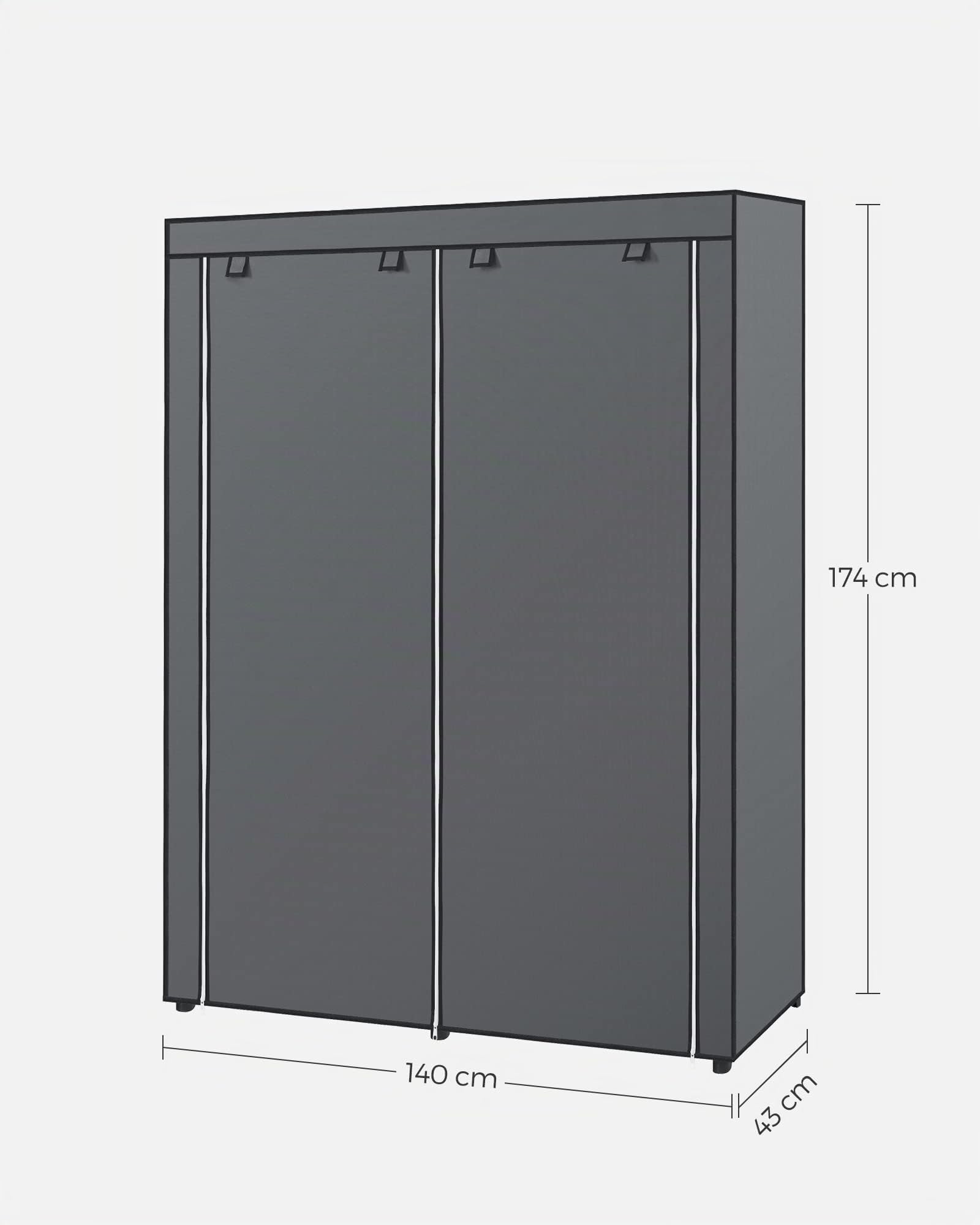 SONGMICS Kleiderschrank, 2er Set, Garderobe mit 2 Kleiderstangen, Aufbewahrung von Kleidung, Stoffschrank, Kleiderständer, faltbar, Ankleidezimmer, Schlafzimmer, 140 x 43 x 174 cm, grau LBD018G02