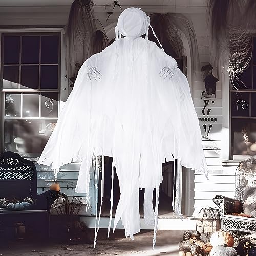 Image of JOYIN 63 inch Halloween Hanging Ghost Decorations Outdoor, White Faceless Grim Reaper in White Horror Robe for Halloween Tree Yard Party Outside Hanging Decorations Party Supplies