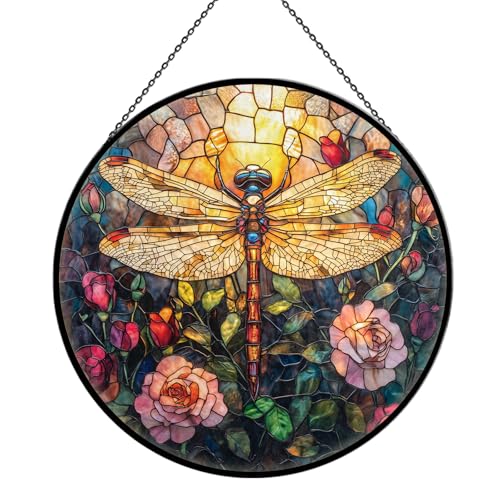Alien Spaceship Stained Glass Window Hanging, 7.9" UFO Sun Catcher Glass Panel Boho Wall Art Decor, Hand Painted Round Ornament for Friends, Art Lover, Astronomer