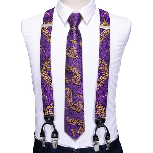 Image of Barry.Wang Men Suspender Set with Necktie Elastic Y Type Heavy Duty 6 Clips Braces Tie Handkerchief Cufflink Pin 6PCS
