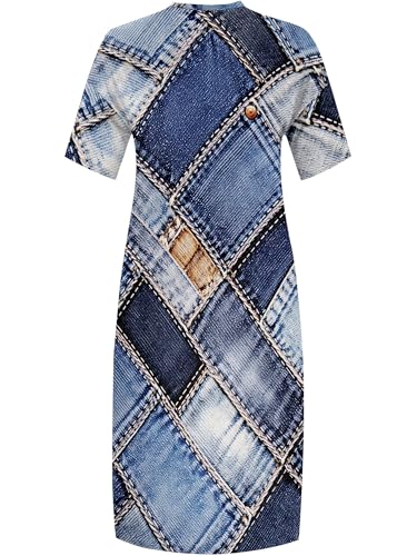 Image of SUZONANA Plus Size Denim Print Maxi Dresses for Women Casual V Neck Short Sleeve with Pockets Soft Jean Look Dress XL-6XL