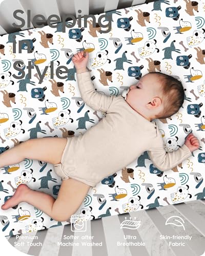 Image of Pack and Play Sheets Fitted, Ultra Soft Mini Crib Sheets Boy, Neutral Pack N Play Mattress Sheets Hypoallergenic and Soothing, Premium Jersey Playrad Sheets, Print Dino Animals, 2 Pack