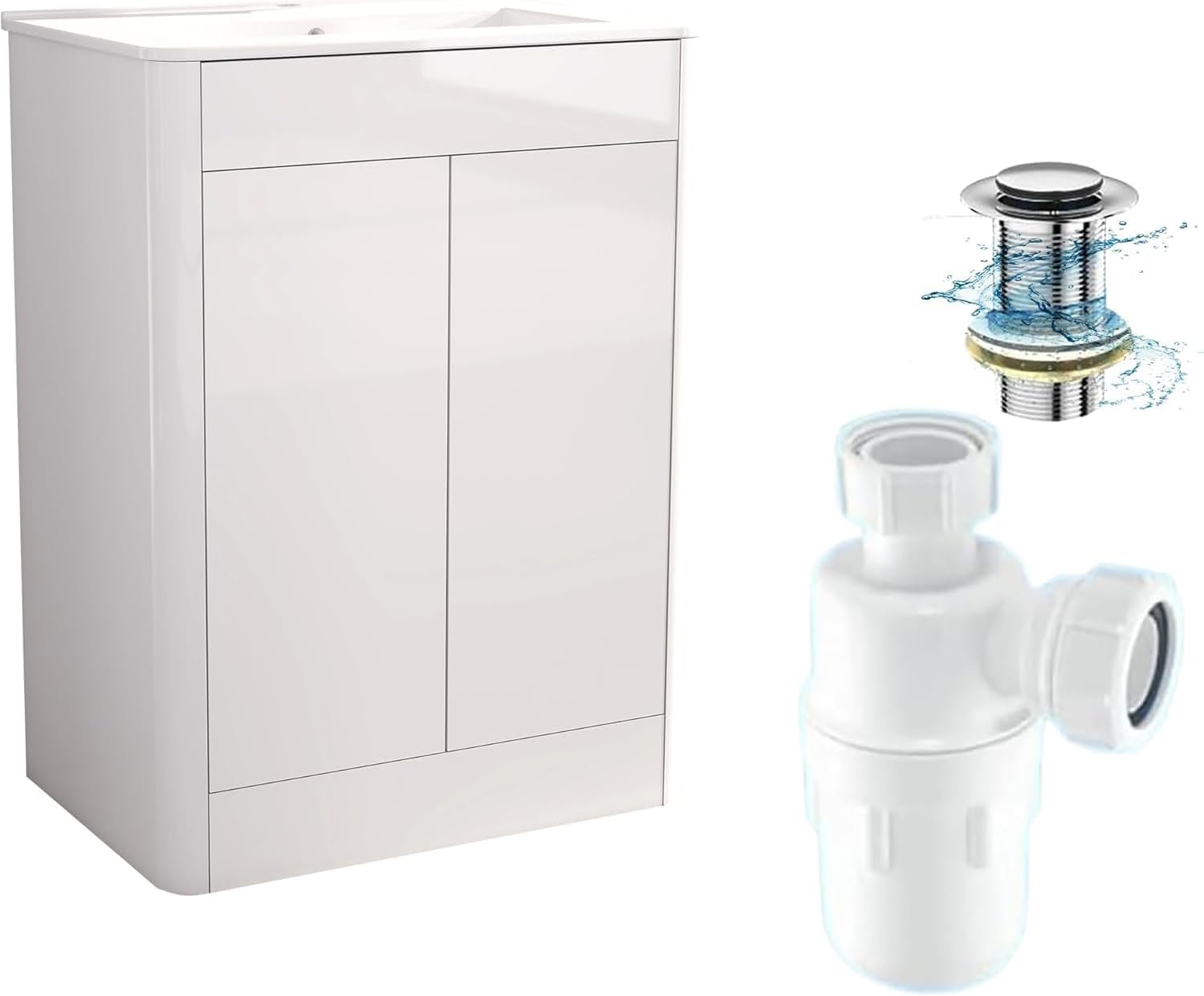 BELOFAY Vanity Unit with Basin | 600mm Floor Standing Bathroom Vanity Unit with Basin | High Gloss White | Push to Open Doors with 1 Tap Hole, Trap & Waste, Tap not included (Edison White)
