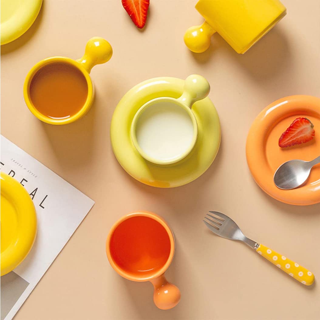 Urocze ceramiczne kubki do kawy ze spodkiem, ręcznie robiony kubek ceramiczny, nowoczesne wielokolorowe kubki idealne do herbaty, kawy, cappuccino i innych napojów, zmywarki i kuchenki mikrofalowej, rozmiar S, żółty
