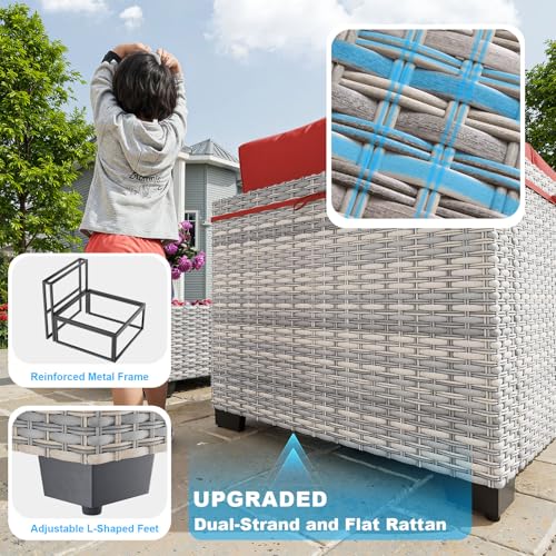 Image of Outdoor PE Wicker Rattan Modular Patio Sectional Sofa Set | 8-Piece: 6 Modular Seats, Coffee Table & 55,000 BTU Fire Pit Table, Red