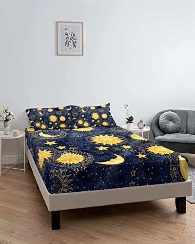 Litter Star 230523CNPLTYUHJNEWDSLEX00070SJQDGLA Queen Fitted Sheets,Boho Golden Sun Moon Soft Microfiber Brushed Sheet & Pillowcase Sets,Bohemian Hippie Art Comfort Fitted Bed Sheets,Starry Sky Non Slip Bed Sheets Cover Up Fits Mattress thumb #5