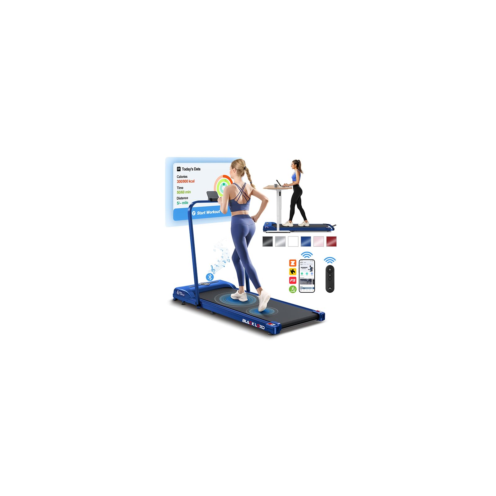 BLACK LORD Walking Pad with Handle, Foldable Under Desk Treadmills for Home, LED Display, Bluetooth Speaker, Remote Control, Electric Running Machine, 120KG Loads, 1-12km/h, for Walking Jogging, Blue