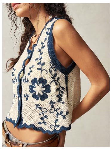 GORGLITTER Women's Embroidered Vest Crochet Vest Tops Floral Sleeveless Boho Tops 2025 Western Outfit3