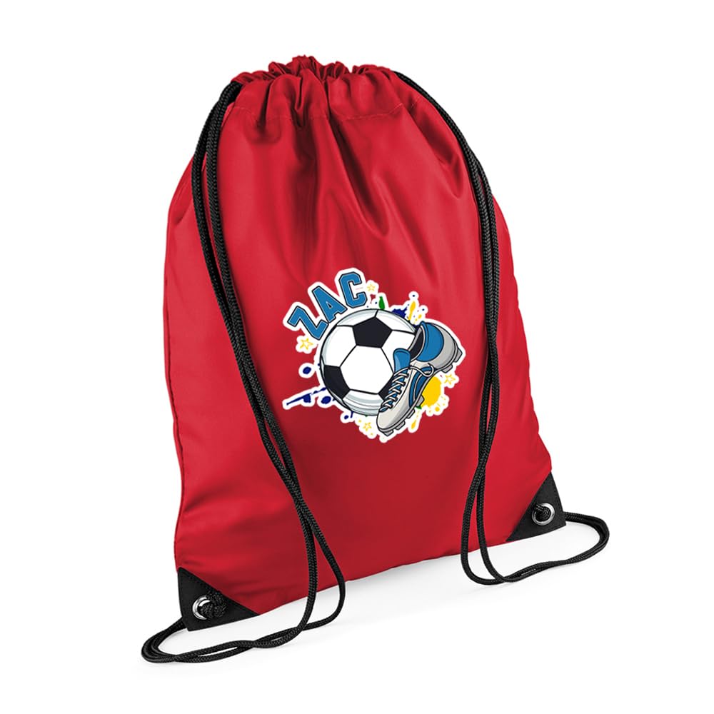 Personalised footballer Bag Gift, Best Football Player Gift, Football Game Gift, Drawstring Bag, PE Gym Kit Swimming, Sport Rucksack. (Classic Red)