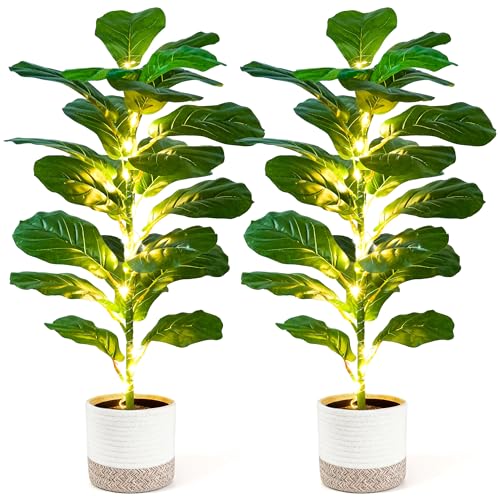 Der Rose 2 Pack 30" Artificial Fiddle Leaf Fig Tree with Warm LED Lights – Battery Powered, Mid-Size Fake Plants for Living Room, Bedroom, Entryway & Home Decor
