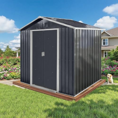 LINKHOO 7x4.3 Ft Outdoor Storage Shed, Heavy-Duty Metal Shed with Windows & Secure Lockable Doors, Ideal Storage Shed for Outdoor, Patio, Garden, and Backyard, Black