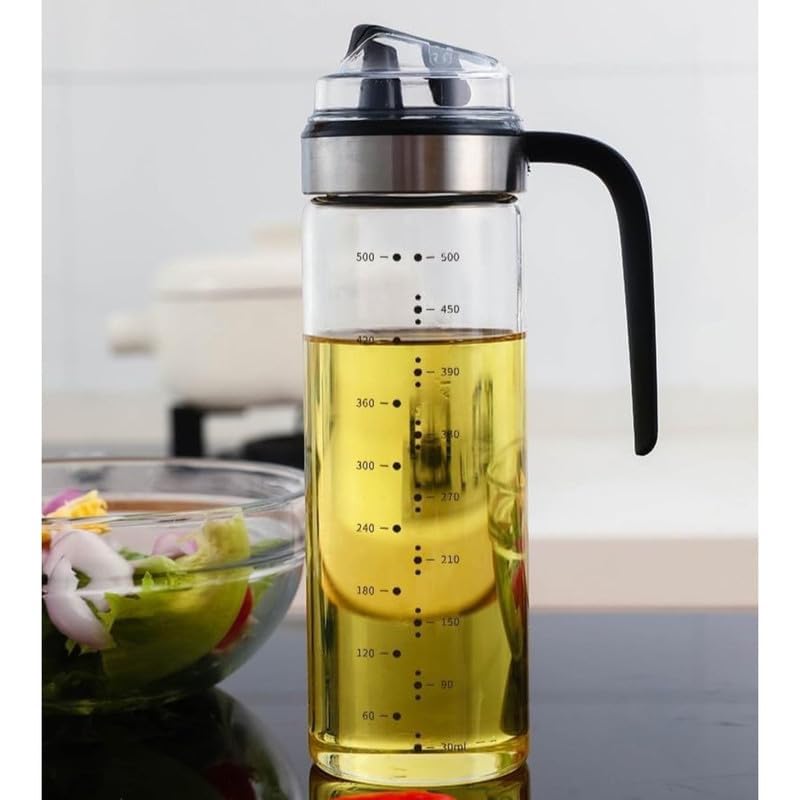 Image of Food Oil Dispenser Bottle with Measurements, 500ml Leak Proof Glass Bottle, BPA Free, Self Sealing for Kitchen Home Restaurant