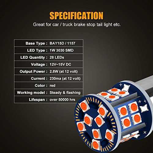 EBAIFUN Flashing 12V BAY15D 1157 LED Strobe Brake Light Brilliant Red Stop Tail Parking 2057 7528 1154 3496 2057A 1157A Dual Filament Base Replacement Bulb for Car Truck Motorcycle and Trailer 2-Pack - Image 4