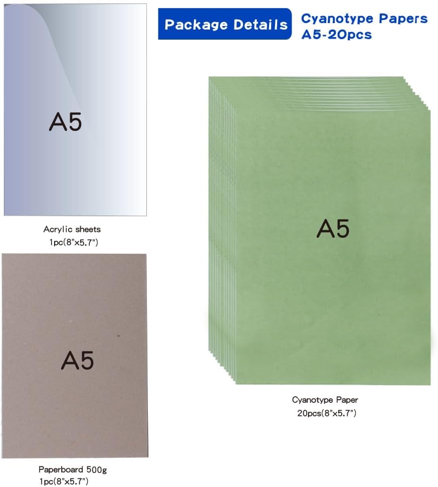 ACADOIT Solar Sun Print Paper Cyanotype Art Paper for Arts Crafts DIY(A5 20 Sheets)