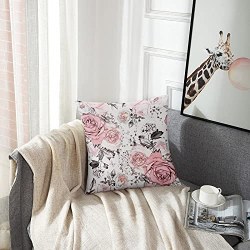 Golee SD-4 Throw Pillow Cover Gray Abstract With Pink Flowers And Leaves On White Watercolor Floral Pattern Rose In Pastel Color Decorative Pillow Case Home Decor Square 18X18 Inches Pillowcase thumb #3