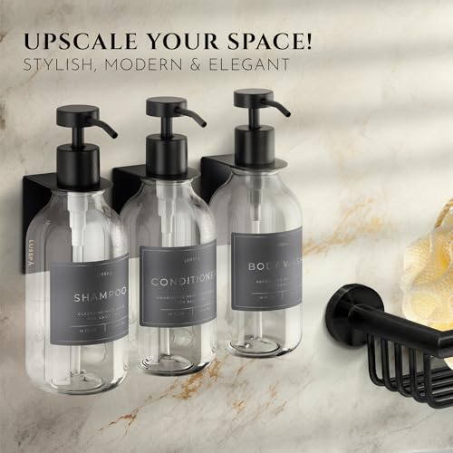Shower Shampoo Dispenser Wall Mounted – 3 Refillable 16.9 oz Clear Bottles with Stainless Steel Pumps & No-Drill Adhesive Holders – Soap Dispenser Set for Bathroom (3 X Clear/Black) - image 2