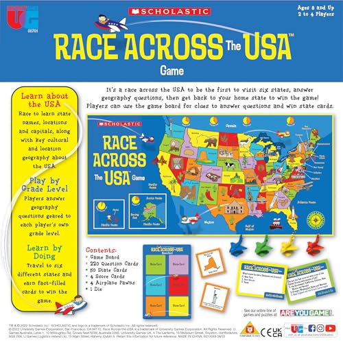 Image of University Games, Scholastic Race Across the USA Board Game , Geography Learning Game for Kids and Families, for 2 to 4 Players Ages 8 and Up