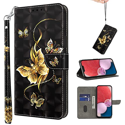VODEFOX for Samsung Galaxy S22 Plus Case, Wallet Flip Folio Cute 3D Cartoon Painted PU Leather Case Girls Women Card Slots Kickstand Magnetic Closure TPU Bumper Cover for S22 Plus - Golden Butterfly