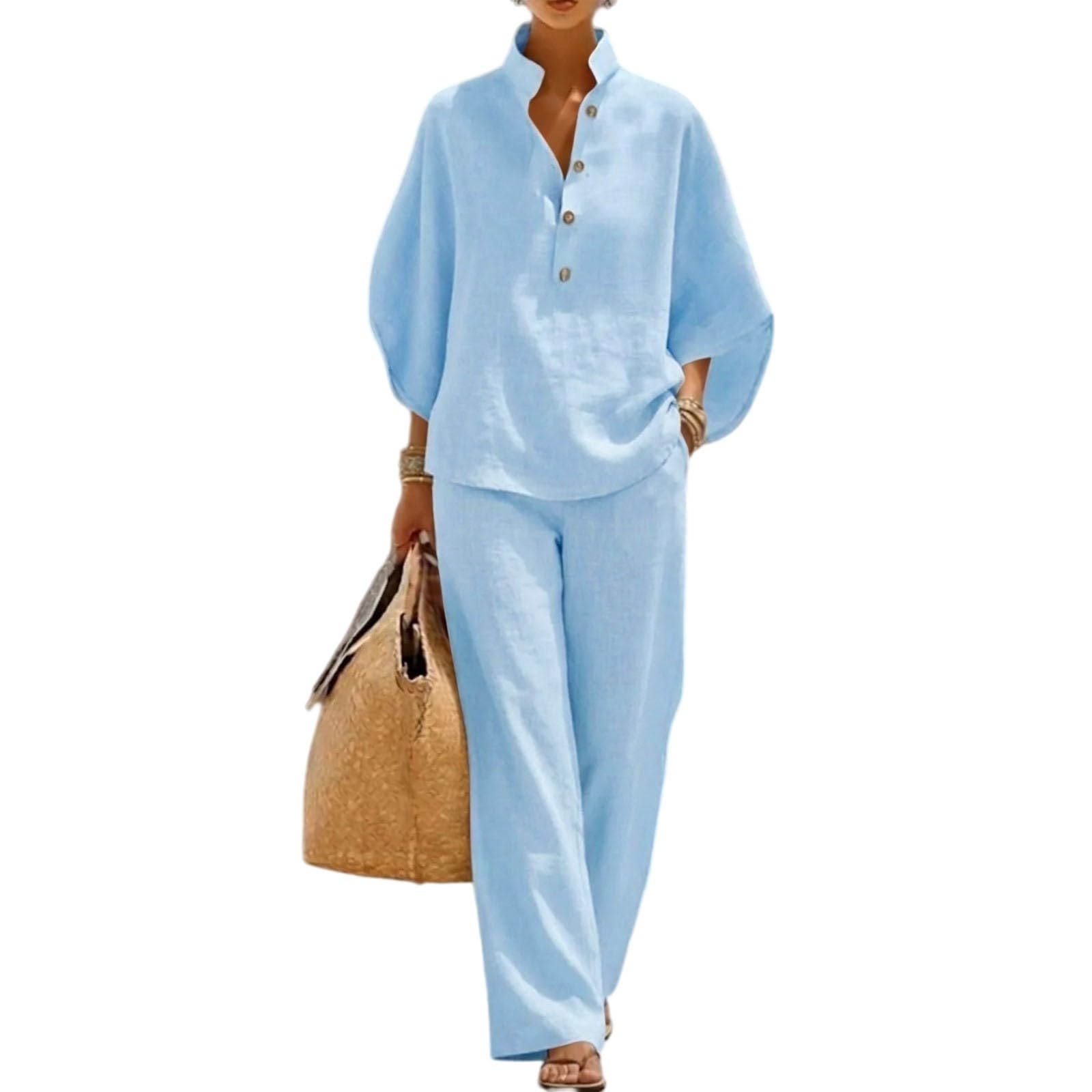 Générique Ensemble Femme Chic Et Elegant en Lin Grande Taill Ete Deux Pièces Chemise Manches Courts Col V Et Décontracté Pantalon Taille Tenue Couleur Unie Ensemble Pantalon Léger de Plage Jogging