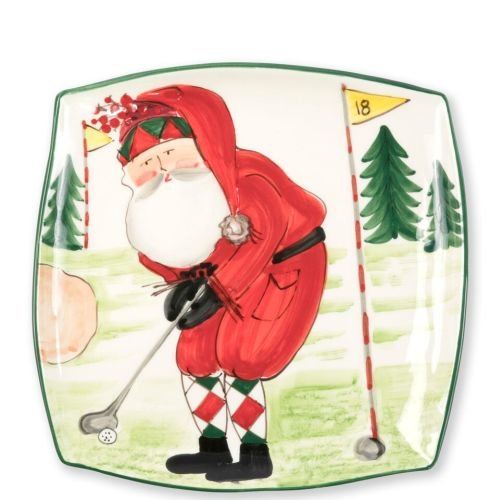 Vietri Old St. Nick Square Platter, Premium Christmas Tableware Handpainted w/Santa Golfing