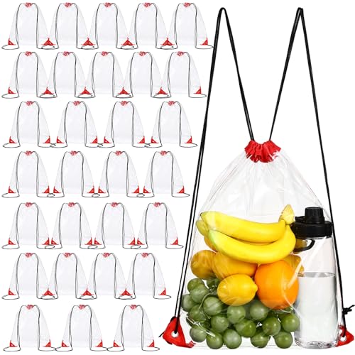 Shappy 30 Pcs Clear Drawstring Bag Plastic Drawstring Backpack Clear Waterproof PVC Backpack for Stadiums Sporting Events (Red)