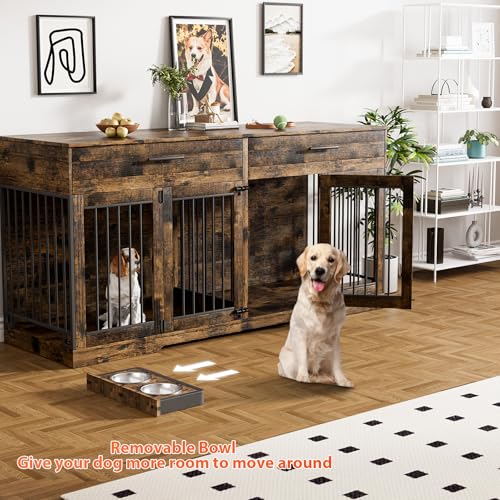 Rophefx-72-Dog-Crate-Furniture-for-2-Dogs-Large-Dog-Kennel-Furniture-with-2-Storage-Drawer-and-4-Bowls-Wooden-Dog-Cage-with-Removable-Divider-Indoor-Dog-House-TV-Stand-for-Large-Dog-Rustic-Brown Rophefx 72 Dog Crate Furniture for 2 Dogs Large Dog Kennel Furniture with 2 Storage Drawer and 4 Bowls Wooden Dog Cage with Removable Divider Indoor Dog House TV Stand for Large Dog Rustic Brown