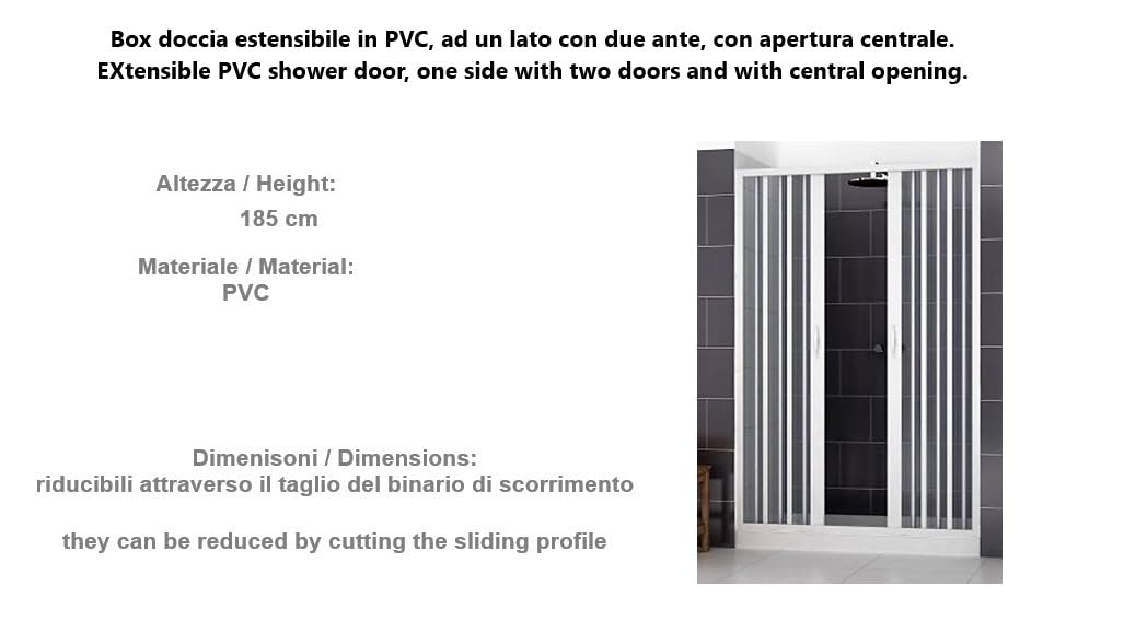 Box doccia in PVC Nicchia Larghezza 100-170 cm, H 185 cm mod. VERA, Bianco, Porta doccia apertura centrale due ante a soffietto, riducibile (Larghezza 170 cm, H 185 cm)
