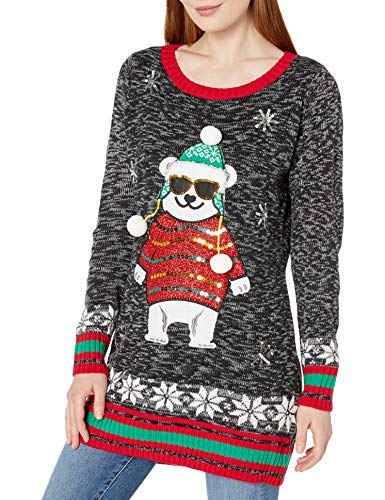 Blizzard Bay Women's Polar Bear Crew Neck Christmas Sweater, Black/Light Grey Heather Marl, Small