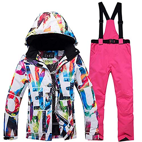 REWANGOING Women's Ski Bib Suit Jacket Waterproof Snowboard Colorful Printed Ski Jacket and Pants Set XL