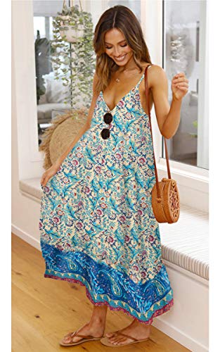 Image of Angashion Women's Dresses Floral Adjustable Spaghetti Strap V Neck Boho Long Maxi Dress Summer Beach Flowy Ethnic Sundress
