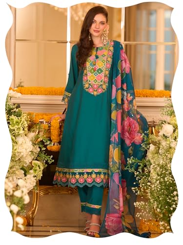 Image of INDO ERA Women's Silk Blend Floral Embroidered A-Line Kurta & Pant with Dupatta Set (IEOUT12374)