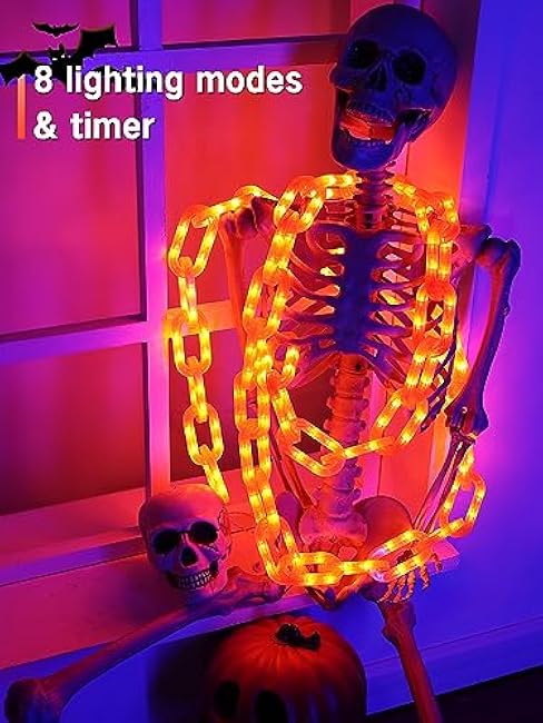 Halloween Decorations Battery String Lights - 10 Ft 160 LED Plastic Chain String Lights with Waterproof, 8 Lighting Modes and Timer Function US Patent Product (Orange)