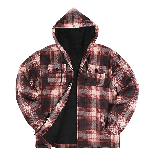 Image of TanBridge Men's Cotton Plaid Shirts Jacket Full Zip Fleece Flannel Sherpa Lined Hoodies Heavyweight Hoodies Jacket for Men