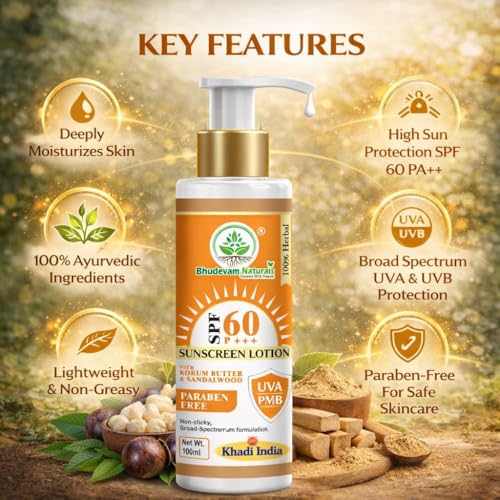 Image of Khadi Sunscreen SPF 60 Lotion with Kokum Butter & Sandalwood for Men & Women By Bhudevam Naturals | Broad Spectrum UVA & UVB Protection | Lightweight, Non-Sticky & Hydrating Formula For All Skin Types - 100ML