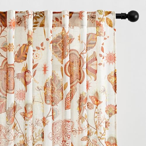 Image of XiDi Terracotta Floral Curtains 63 inch Length 2 Panels Set for Living Room Back Tab Vintage Floral Boho Farmhouse Bedroom Curtains Pretty Flower Patterned Linen Drapes 52x63