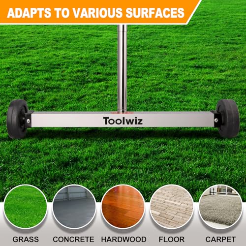 Toolwiz Magnetic Pick Up Sweeper 17-inch Heavy Duty Magnet Pickup Lawn Sweeper Roofing Tools, 8.8 Lbs Yard Magnet with Telescoping Holder and Wheels to Pick Up Nails Magnetic Sweeper for Construction