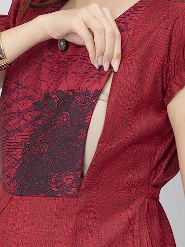 Image of CEE 18 Women's Cotton Rayon Straight Maternity Feeding Kurti for Feeding with Zippers(9652 40,Romantic Red,L)