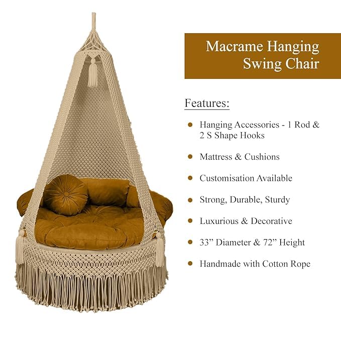 Image of Macrame Hanging Chair Swing with Cushion | Handmade Boho Hammock Chair for Adults & Kids | Indoor Outdoor for Balcony, Living Room, Bedroom, Patio & Garden (Beige)