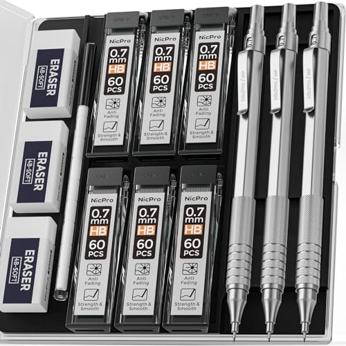 Nicpro 0.7 mm Mechanical Pencils Set with Case, 3 Metal Artist Pencil With 6 Tube HB Lead Refills, 3 Erasers, 9 Eraser Refills For Architect Art Writing Drafting Drawing Engineering, Sketching, Silver